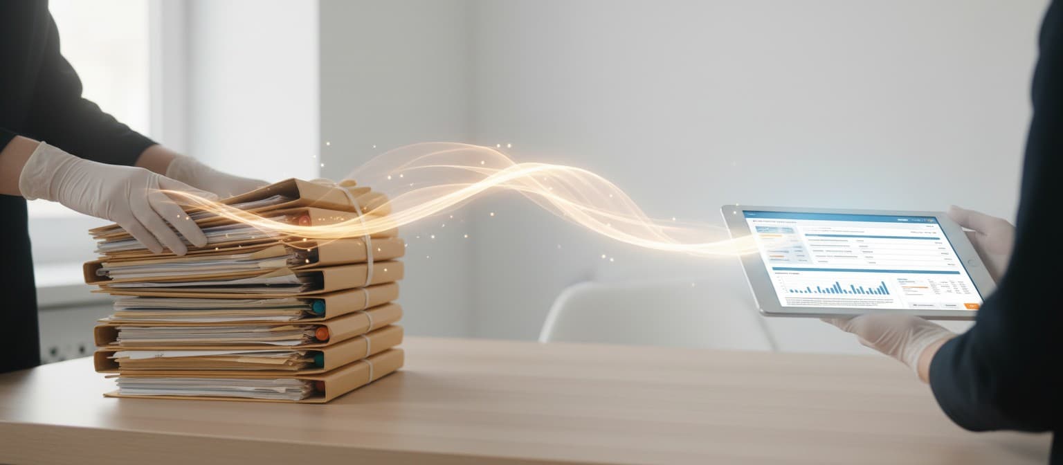 Symbolischer Übergang von Patientenakten in Papierform zu einer digitalen Patientenakte auf einem Tablet