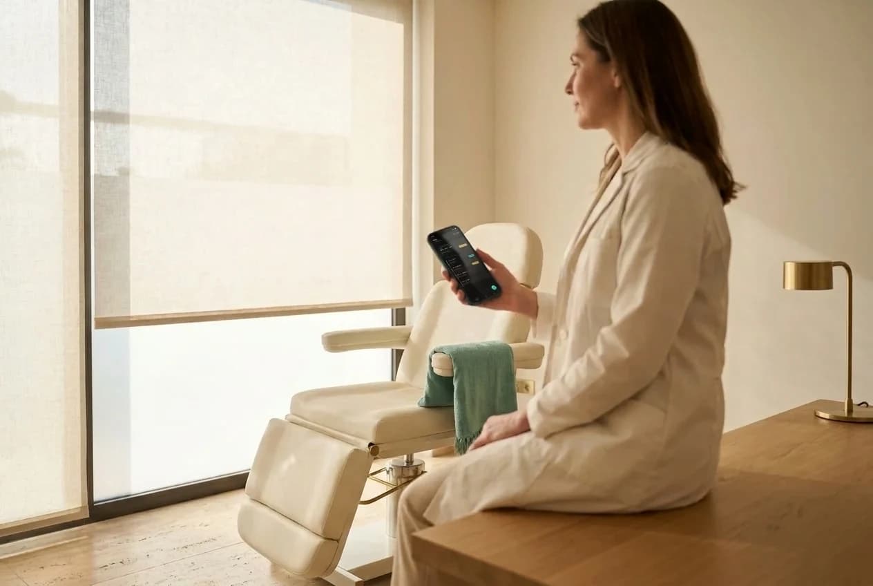 Ärztin im Sprechstundenraum eines Außenstandorts hält ihr Smartphone mit der geöffneten Tagesliste von Mein Tag in der Hand