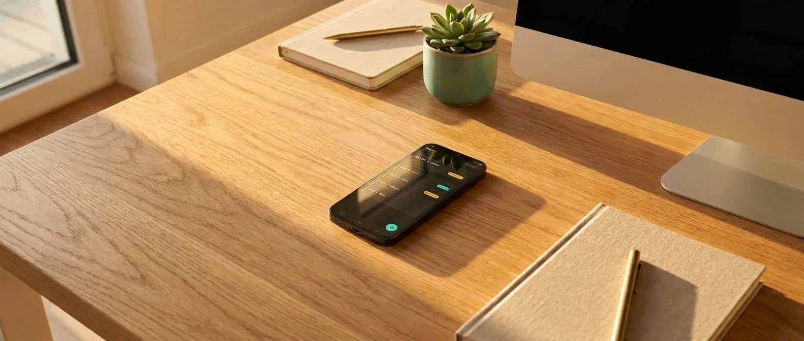 Smartphone mit geöffneter Tagesliste neben dem Arbeitsplatz-Bildschirm auf einer Eichenholz-Arbeitsplatte im Nachmittagslicht