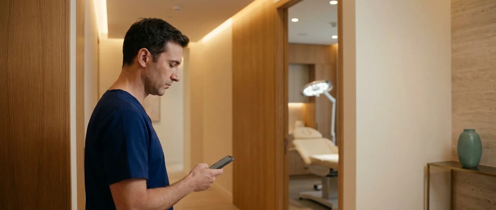 Arzt im OP-Kasack steht zwischen zwei Eingriffen im warm beleuchteten Klinikflur und sieht auf sein Smartphone