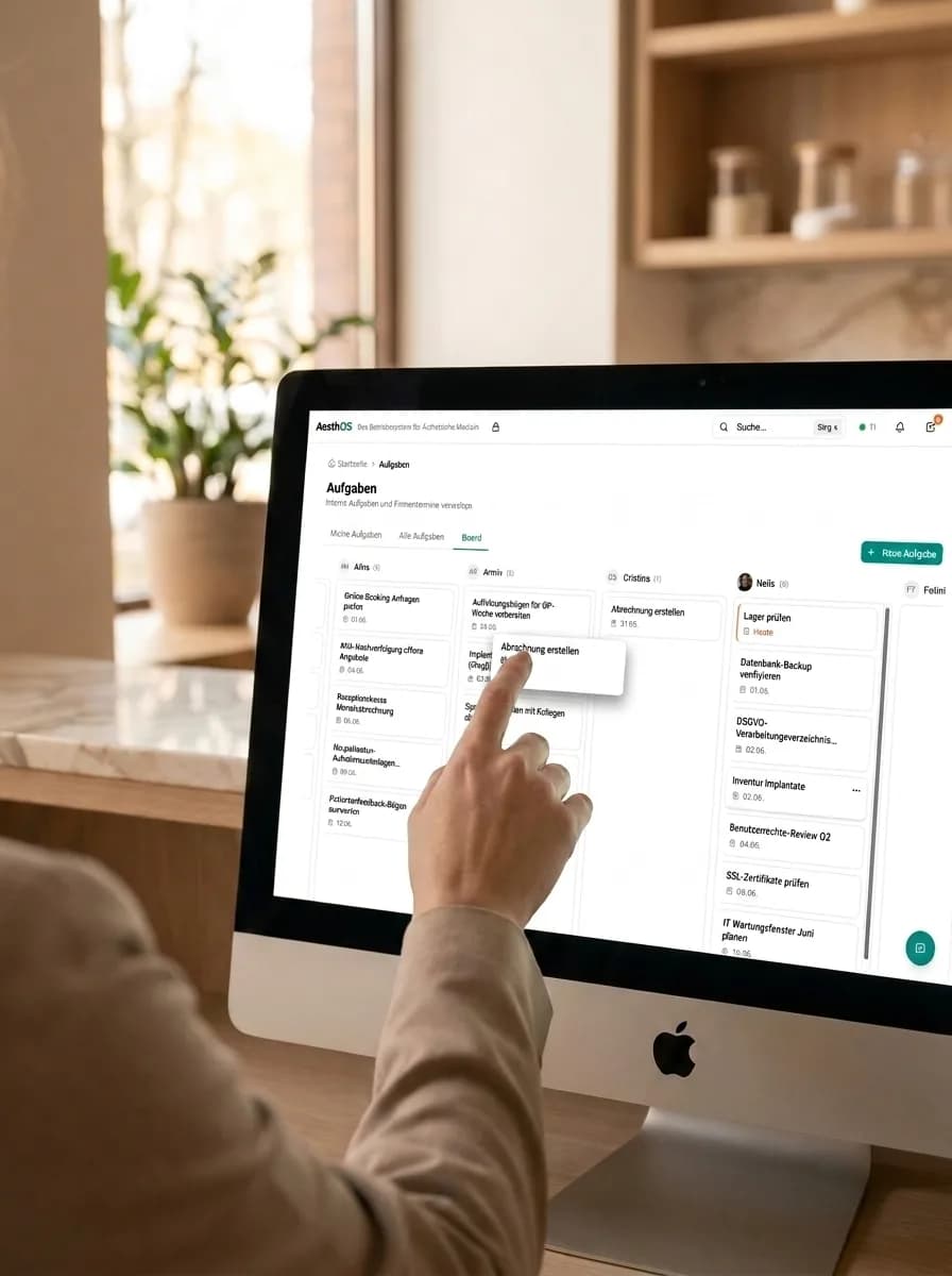 Hand einer Klinikmitarbeiterin zieht die Aufgabenkarte „Abrechnung erstellen“ zwischen zwei Mitarbeiter-Spalten des AesthOS-Boards auf einem 27-Zoll-iMac