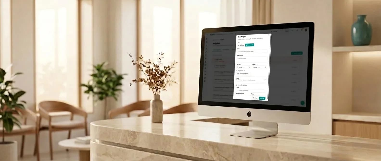 27-Zoll-iMac auf einem Marmor-Empfangstresen zeigt den AesthOS-Dialog „Neue Aufgabe“ mit Umschalter Aufgabe/Firmentermin, Eingabefeldern und Firmeninformationen