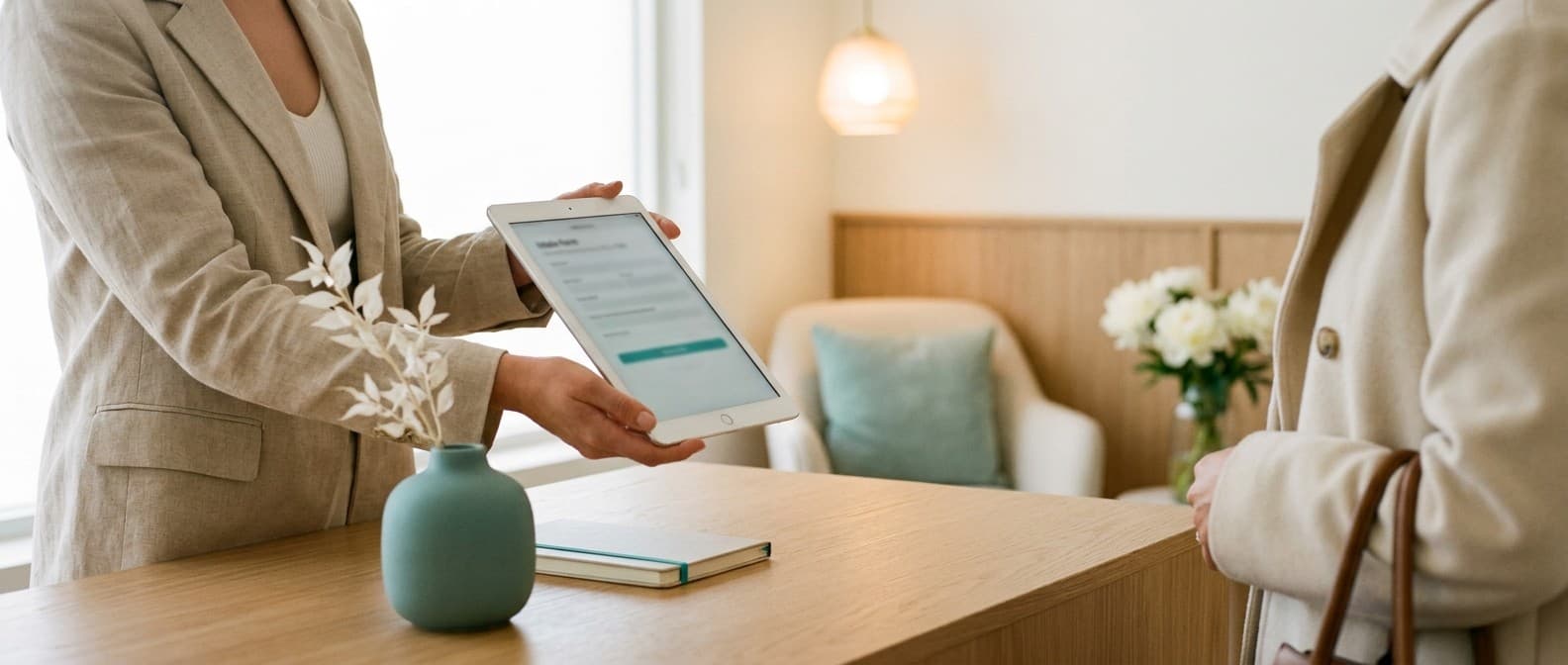 Mitarbeiterin am Empfang einer ästhetischen Klinik reicht einer Patientin das iPad über den Marmor-Counter — Self-Service-Aufnahme