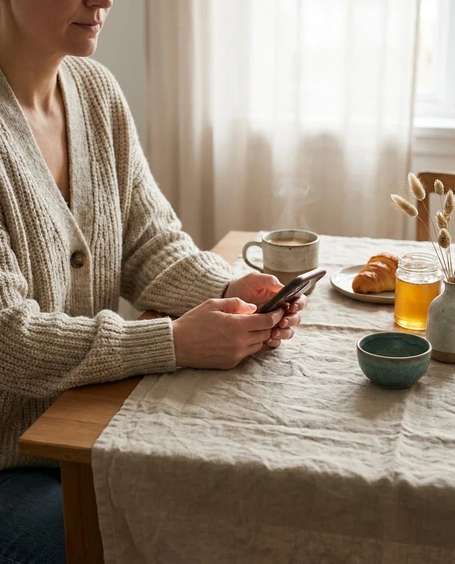 Patientin liest zu Hause im Morgenlicht entspannt eine Nachricht ihrer Praxis auf dem Smartphone