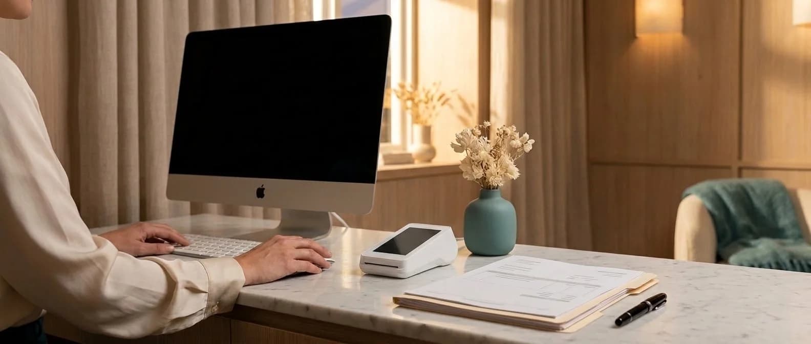Praxismanagerin am iMac am Empfang zum Feierabend, daneben das Kartenterminal in der Ladestation und ein Rechnungsordner
