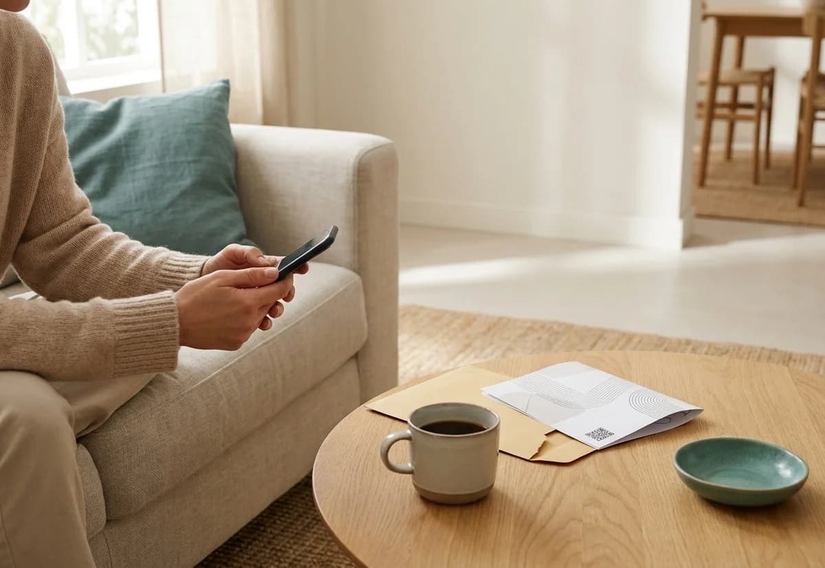 Patientin bezahlt eine Rechnung der Praxis zu Hause auf dem Sofa mit dem Smartphone