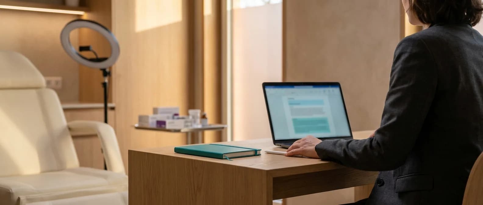 Ärztin prüft nach dem letzten Gespräch des Tages einen Dokumentationsentwurf am Laptop in einer ästhetischen Praxis
